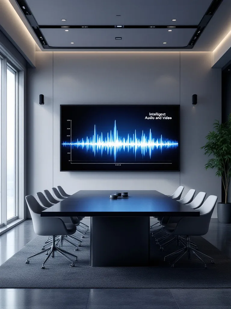 Sala de juntas corporativa con pantalla y sistema de audio y video automatizado
